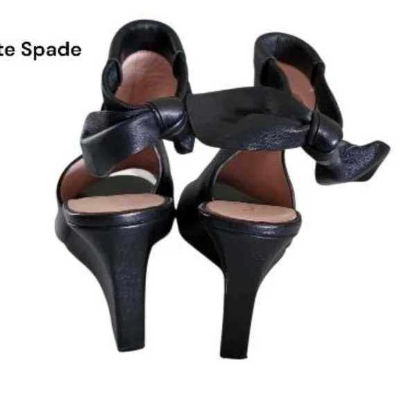 Kate Spade Bow Leather Open Peep Toe High Heel Wedge Dress Sandal Black Women 10 - Picture 3 of 13